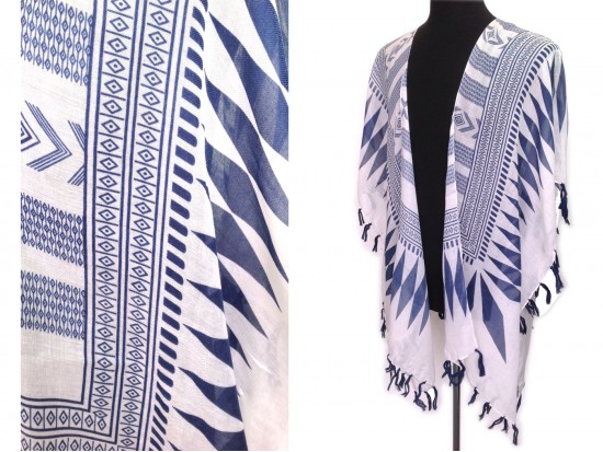 Navy White Tribal Pattern Tassel Kimono. Navy White Tribal Pattern Tassel Kimono.