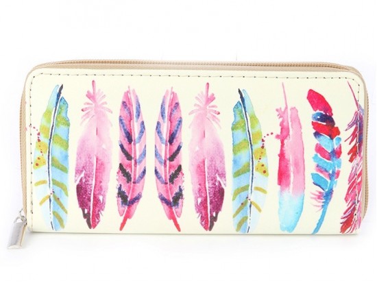 Multi Feather Print Vinyl Clutch Wallet