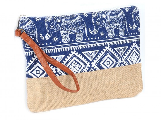 Blue Boho Elephant Print Jute Bag