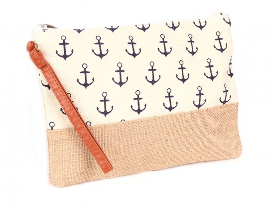 Beige Anchor Print Jute Bag