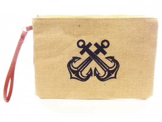 Navy Double Anchor Print Jute Bag