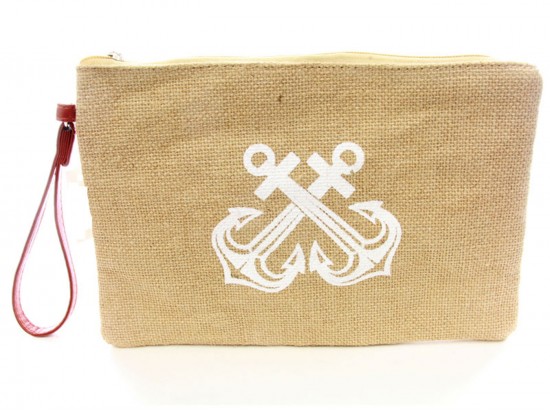 White Double Anchor Print Jute Bag