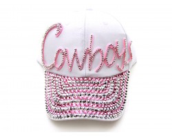 Pink COWBOYS Crystal Script White Ball Cap