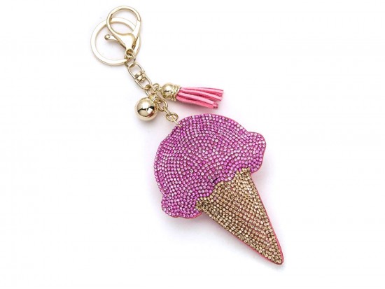 Pink Ice Cream Cone Tassel Puffy Key Chain