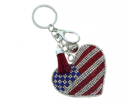 USA Flag Heart Tassel Puffy Key Chain