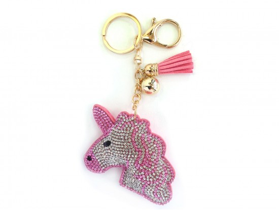 Pink Color Unicorn Head Tassel Puffy Keychain