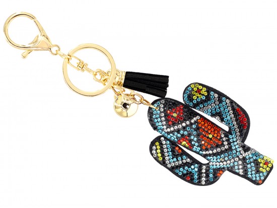 Aqua Multi Crystal Cactus Aztec Print Puff Keychain