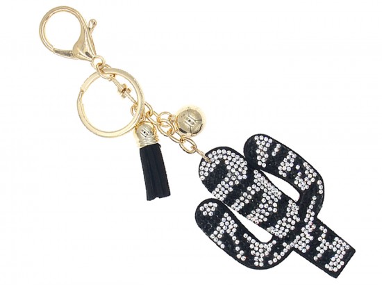 Black White Crystal Cactus Zebra Print Puff Keychain