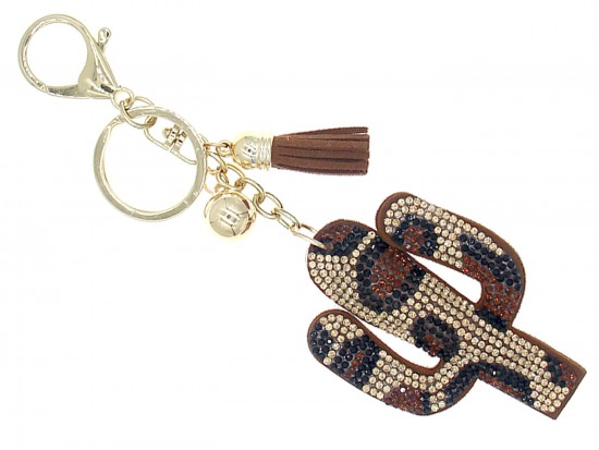 Brown Crystal Cactus Leopard Print Puff Keychain