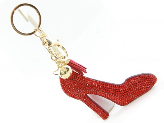 Red Crystal High Heel Shoe Tassel Puffy Keychain