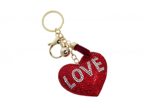 Red Crystal Heart Love Tassel Puffy Keychain