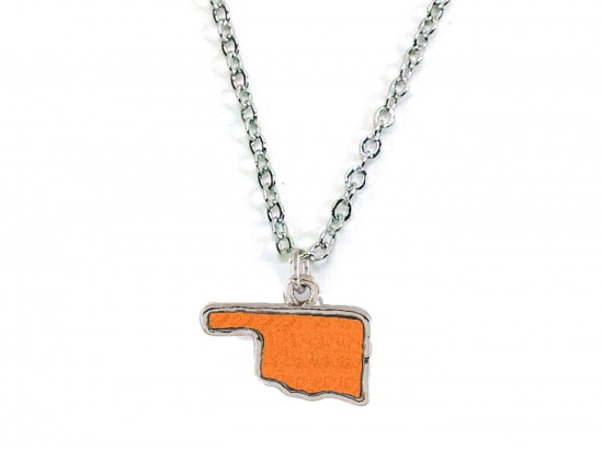 Orange Glitter Oklahoma State Map Silver Necklace
