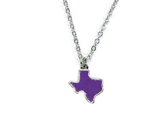 Purple Glitter Texas State Map Silver Necklace