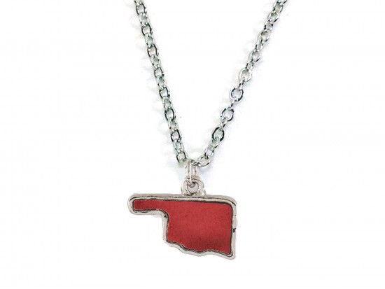 Red Glitter Oklahoma State Map Silver Necklace Red Glitter Oklahoma State Map Silver Necklace