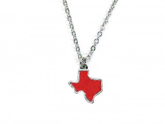 Red Glitter Texas State Map Silver Necklace