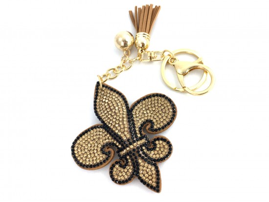 Gold Black Fleur De Lis Crystal Tassel Key Chain