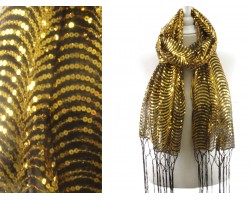 Black Gold Sequin Cascade Fringe Oblong Scarf