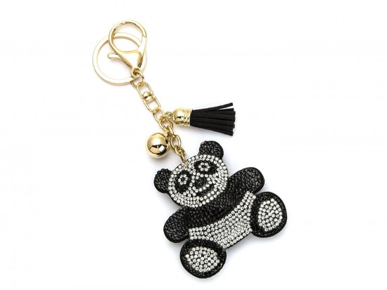 Black Panda Bear Crystal Tassel Puffy Keychain