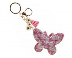 Pink Crystal Butterfly Tassel Puff Keychain