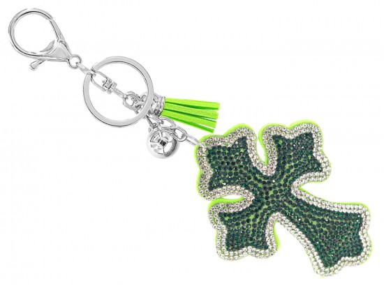 Green Crystal Cross Tassel Puffy Keychain