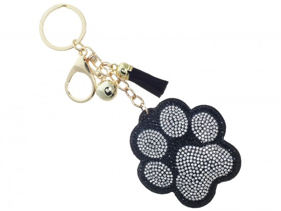 Black Crystal Paw Print Tassel Puffy Keychain