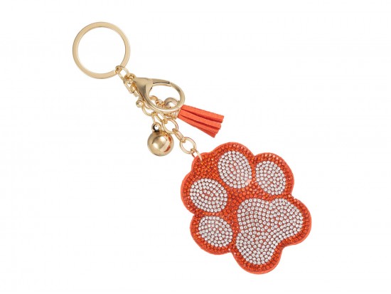 Orange Crystal Paw Print Tassel Puffy Keychain
