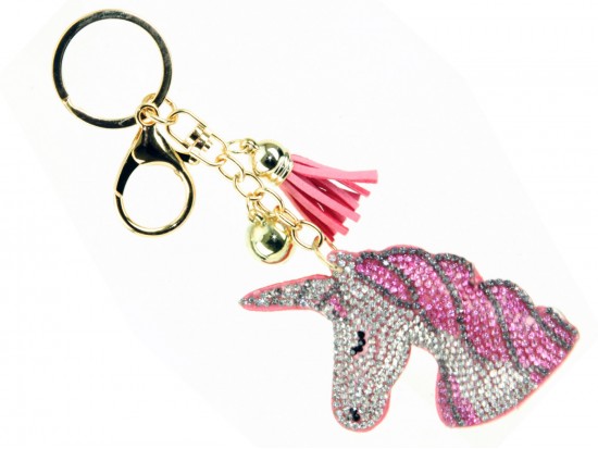 Pink Unicorn Crystal Tassel Puff Keychain