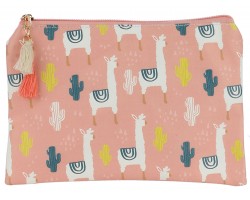 Pink Llama Cactus Pattern Zipper Makeup Bag