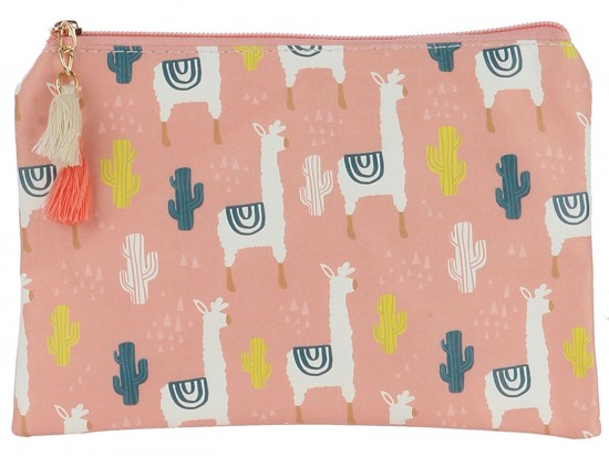 Pink Llama Cactus Pattern Zipper Makeup Bag