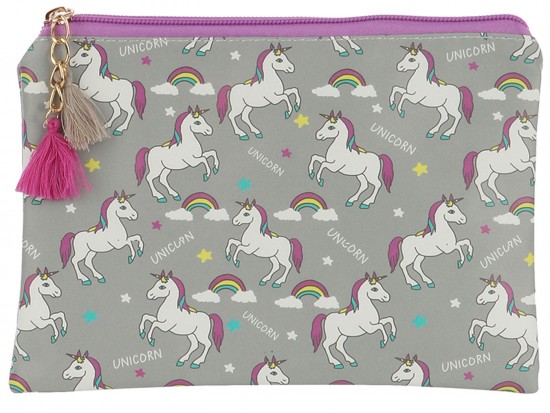 Gray Unicorn Rainbow Pattern Makeup Bag