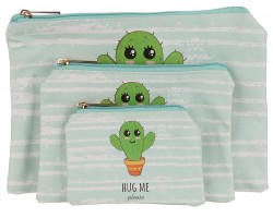 Green Hug Me Cactus Zipper Makeup Bag 3pc