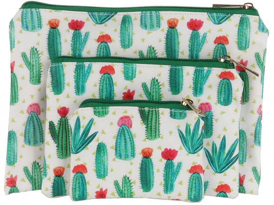 Green Cactus Pattern Zipper Makeup Bag 3pc.