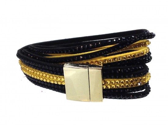 Black Gold Crystal Leather Wrap Magnetic Bracelet