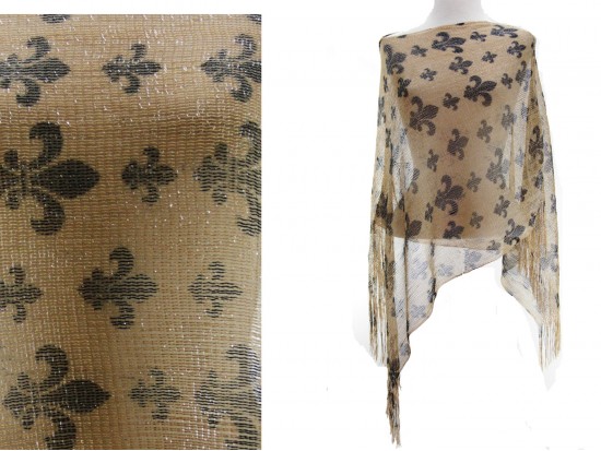 Black Gold Fleur De Lis Fringe Poncho