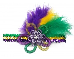 Mardi Gras Flower Feather Sequin Stretch Headband