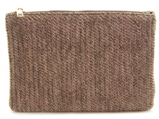Brown Basket Weave Zipper Makeup Bag