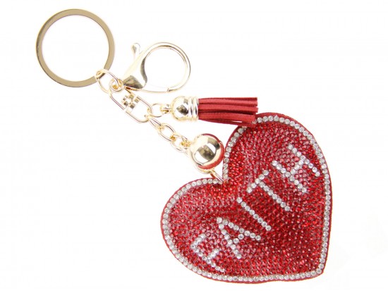 Red Crystal Heart Faith Puffy Key Chain
