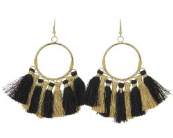 Black Gold Tassel Hoop Hook Earrings