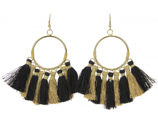 Black Gold Tassel Hoop Hook Earrings