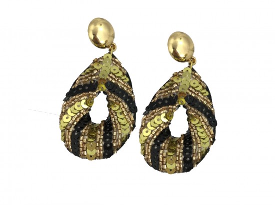 Black Gold Sequin Teardrop Dangle Post Earrings