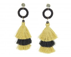 Gold Black 3 Tier Tassel Ring Post Earrings