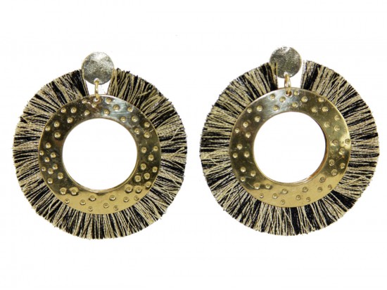 Black Gold Tassel Ring Disc Post Earrings