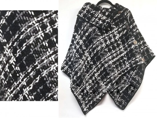 Black White Plaid Button Poncho