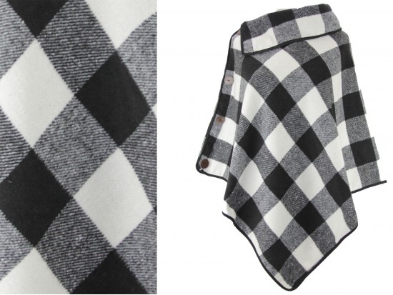 Black White Plaid Button Poncho