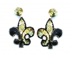 Black Gold Sequin Fleur De Lis Dangle Post Earrings