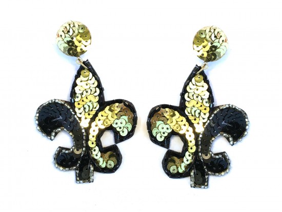 Black Gold Sequin Fleur De Lis Dangle Post Earrings
