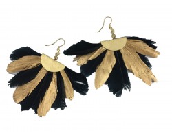 Black Gold Feather Fan Hook Earrings