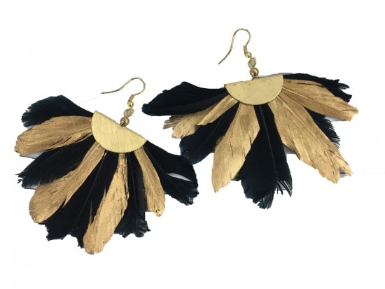 Black Gold Feather Fan Hook Earrings