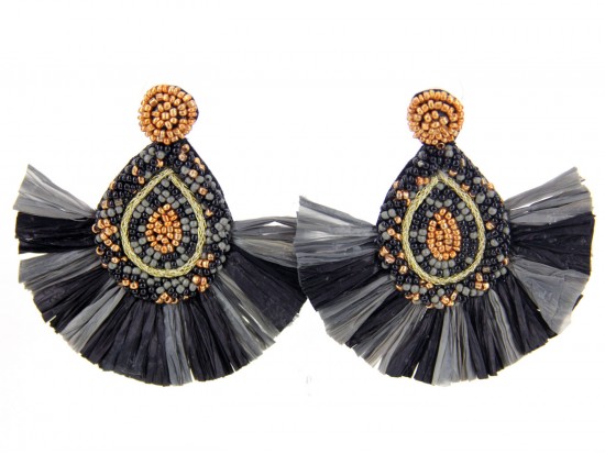 Black Gold Seed Bead Teardrop Tassel Post Earrings