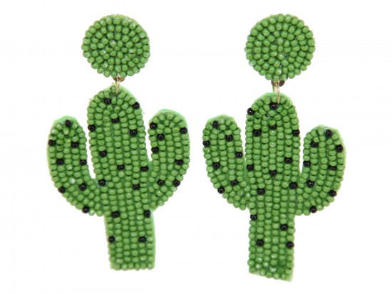 Green Seed Bead Cactus  Dangle Hook Earrings